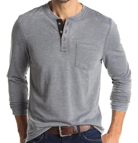 Playera Manga Larga C/cuello Henley De Color Entero P/hombre