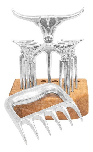 Set Asado 8 Piezas + Soporte De Madera Garra De Oso Tridente