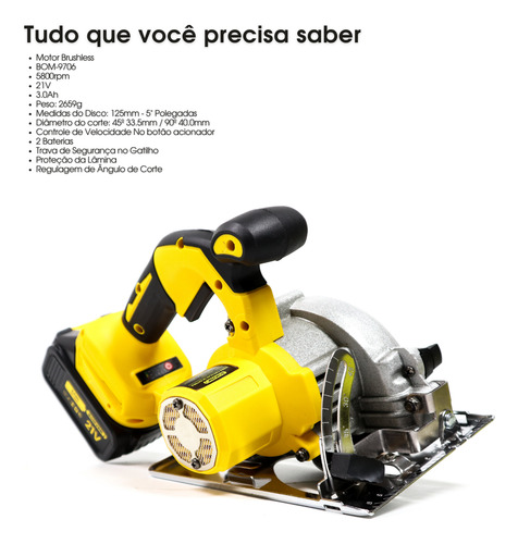 Serra Circular Sem Fio Recarregável Portátil 2 Baterias 21v