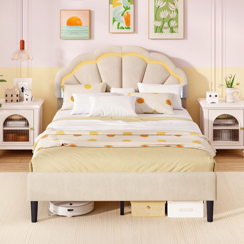 Base De Cama Con Luz Led Beige Matrimonial Gpl