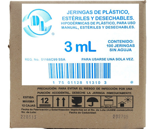 Jeringa 3 Ml Sin Aguja Caja Con 100 Piezas Estériles.