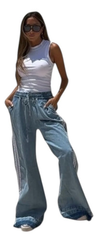 Pantalon Palazo De Jean Con Rayas Al Costado