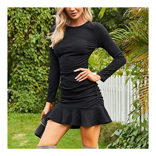 Vestido Negro Informal De Manga Larga A La Moda Para Mujer