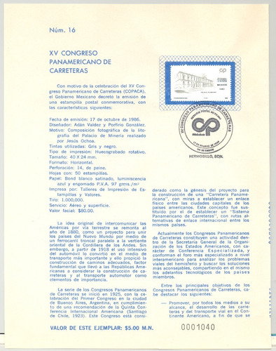 Estampilla Carnet Primer Día Congreso Carretero 1986