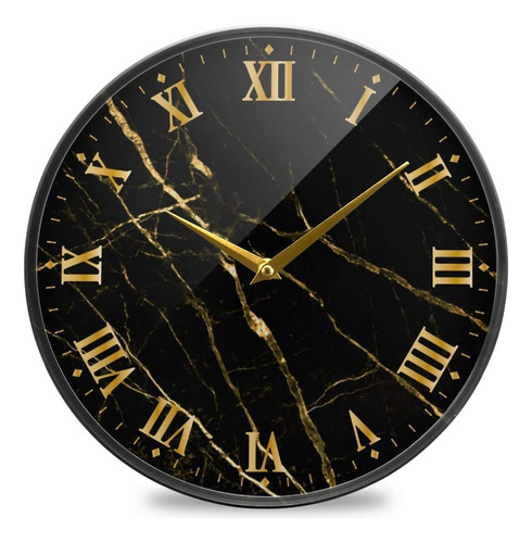 Reloj De Pared Con Estampado De Mármol Negro, Con Líneas Dor