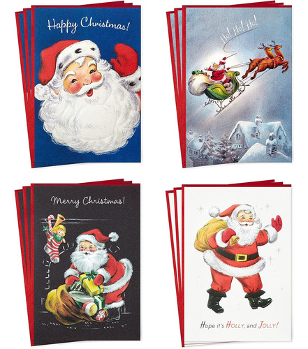 Tarjetas De Navidad En Caja, Papá Noel Vintage (4 Diseños, 1