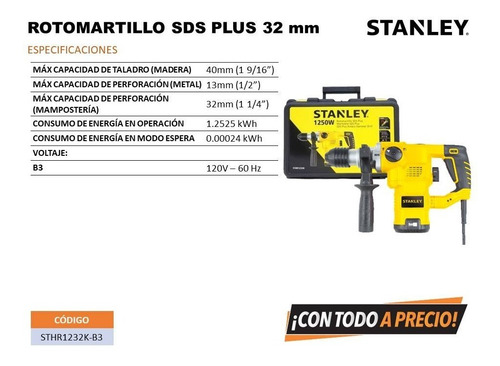 Imagen 7 de 9 de Rotomartillo electroneumático Stanley STHR1232K amarillo y negro frecuencia de 60Hz con 1250W de potencia 120V