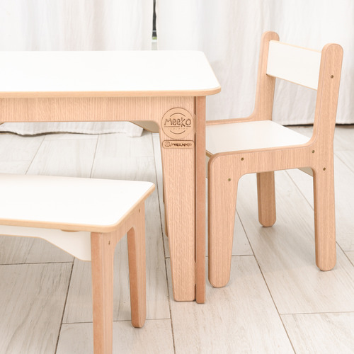 Mesa, Bancos Y Sillas Para Niños De Madera- Infantil - Meeko Madera Y Blanco