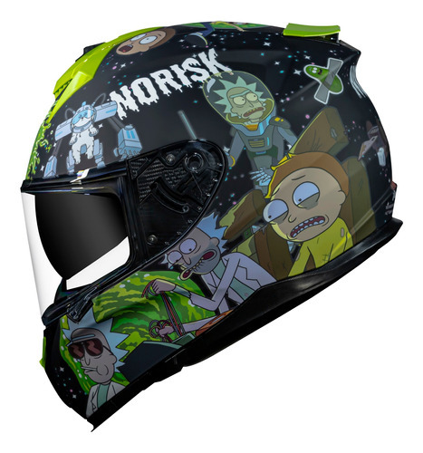 Casco Norisk Strada Rick and Morty con visera, color negro, diseño de Ricky and Morty, talla 61/62