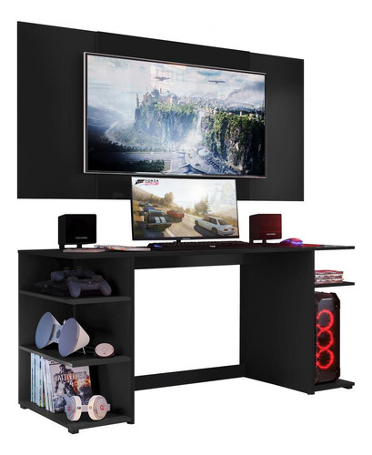 Mesa Gamer Com Painel E Sup Tv 55 Guilda Multimóveis V3590 Cor Preto