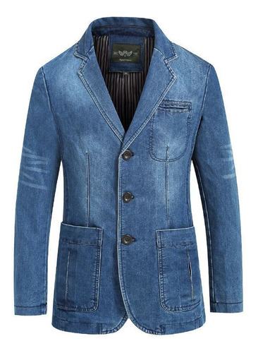 Saco Blazer Hombre Mezclilla Jeans Bolsillo Grande Slim Cut