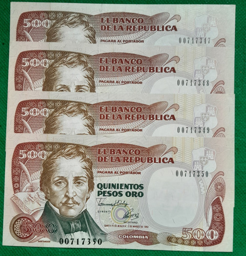 4 Billetes De 500 Pesos Consecutivos Año 1992 Xf