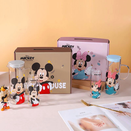 Set De 1 Jarra Y 2 Vasos De Cristal Minnie Mickey Bebidas
