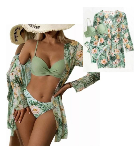 Conjunto De Blusa De Playa Para Mujer Con Kimono Y Bikini Fl