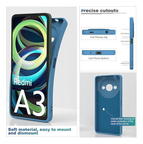Funda Silicona Líquida Tpu Para Redmi A3/c61 4g+mica+cordón Azul Redmi A3x/redmi A3 4g/xiaomi Poco C61 4g