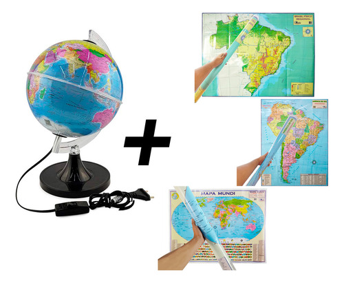 Kit Globo 21 Cm Rgb Com Mapa Brasil Mundi America Do Sul