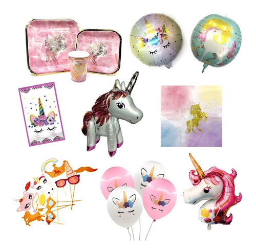 Imagen 9 de 10 de Set 10 Platos 18cm Y 10 Vaso Unicornio Cotillon