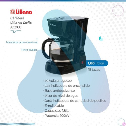 Imagen 2 de 10 de Cafetera Liliana Cofix Ac960 Negra De Filtro 1.8lts 220v