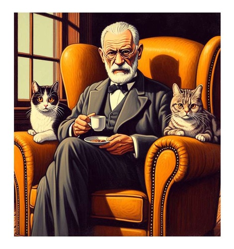Vinilo 30x30cm Freud Con 2 Gatos Tomando Cafe Psicologo