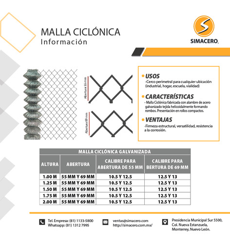 Malla Ciclónica Cal 13 1.50 M X 20 M Abertura 69x69 Mm Plateado
