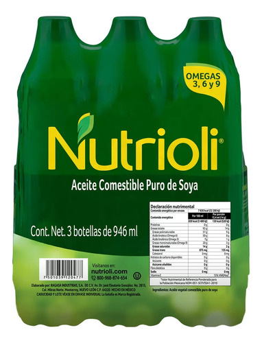 Aceite Puro De Soya Nutrioli 3 Botellas De 946 Ml