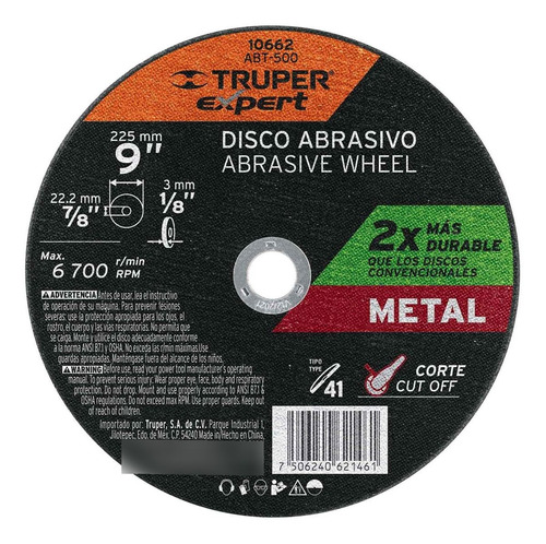 Disco Corte Metal T41 9´ Para Esmeriladora Abrasivo 10662