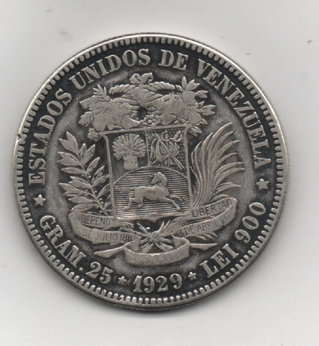 Moneda De 5 Bolivares  De Plata  1929    