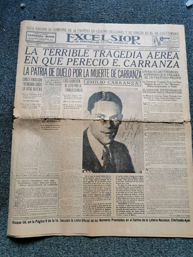 Periódico Excélsior Año 1928 Muerte De Emilio Carranza