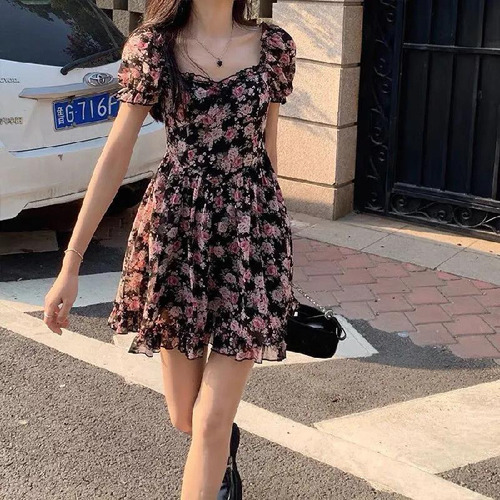 Minivestido Evasé Con Estampado Floral Para Mujer Con Cuello