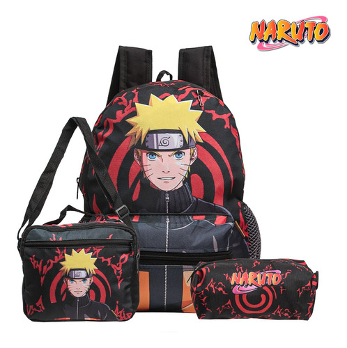 Mochila Escolar De Costas Naruto Estojo Lancheira Térmica Cor Preto