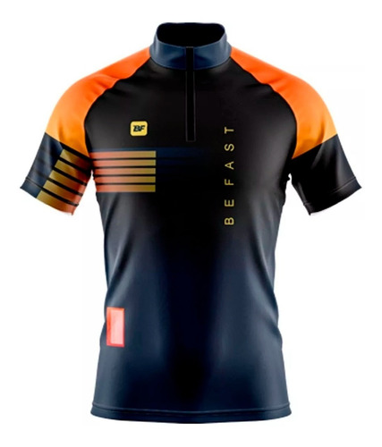 Camiseta Ciclismo Masculina Manga Listrada Preto E Laranja 