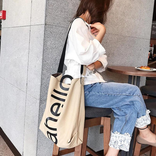 Cartera Bolso Mujer Grandes Tote Bag Lona Moda Diseño Color Beige Diseño De La Tela Lisa