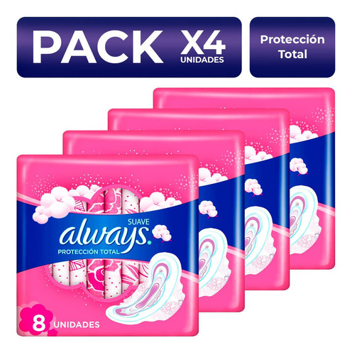 Packx4 Toallas Always Protección Total Tela Suave 8 Un