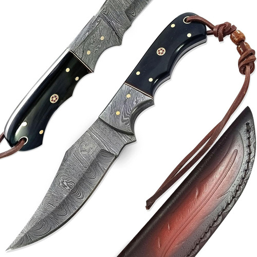 Cuchillo De Caza Acero Damasco Mango Hueso De Toro Color Negro