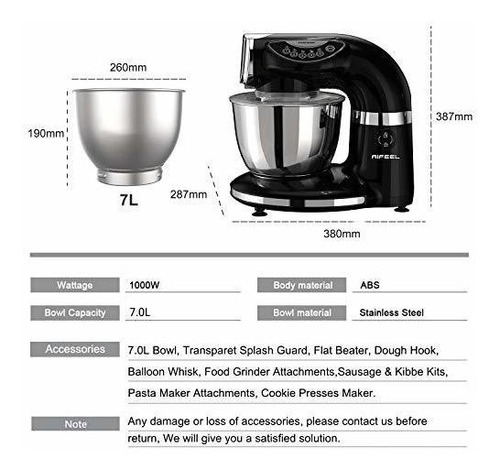 Aifeel Stand Mixer 1000w, 7qt Bowl , 7 In 1 Multifunctional