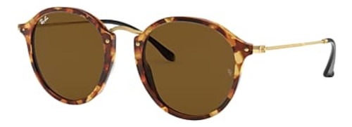 Anteojos De Sol Ray-ban Round Fleck Standard Con Marco De Acetato Color Gloss Tortoise, Lente Brown De Cristal Clásica, Varilla Gold De Metal - Rb2447