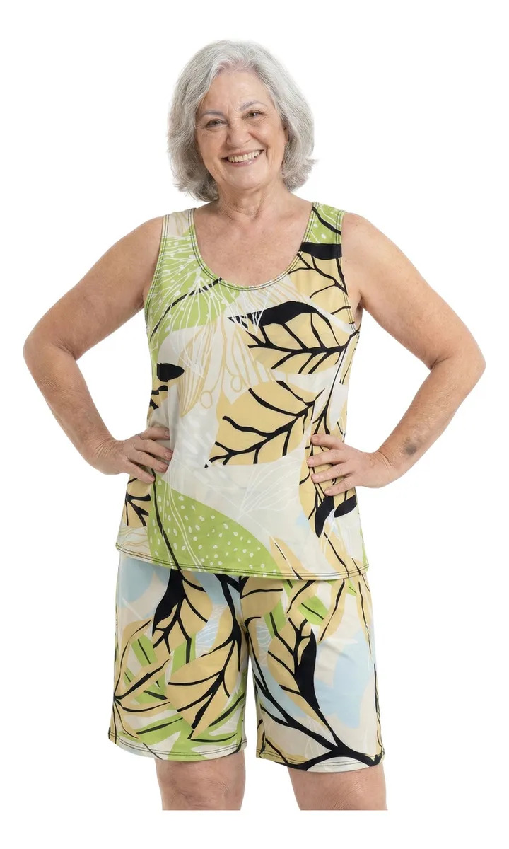 Conjunto Senhora Sem Manga Feminino Versátil Regata E Short Colorido