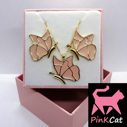 Imagem 2 de 5 de Conjunto Borboletas Rosa Banhado A Ouro 18 K Pinkcat