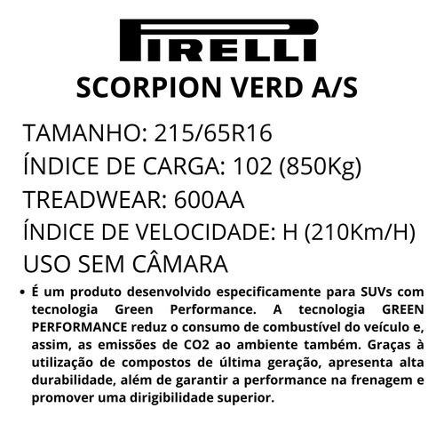 Pneu 215/65r16 Scorpion Verde Pirelli Vw Tiguan Duster Kicks H