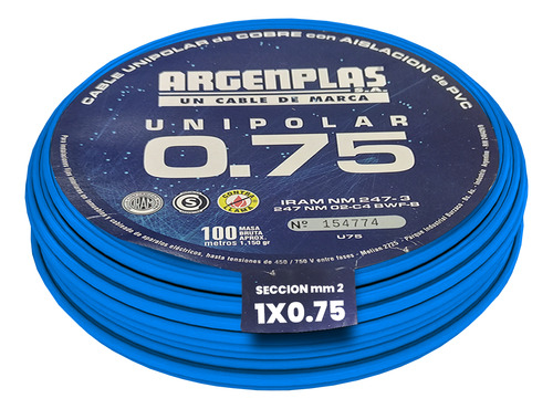Cable Unipolar 0,75mm2 Pvc Azul Argenplas (x 100mt)