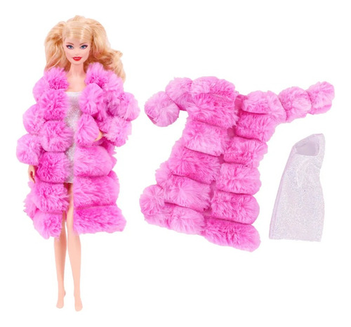 Tapado De Piel Con Vestido Fiesta Plateado Para  Barbie