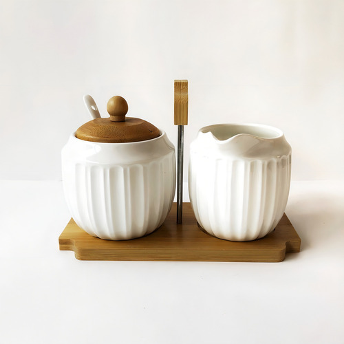 Set Azucarera Y Lechera De Porcelana Con Base De Bambú Color Blanco