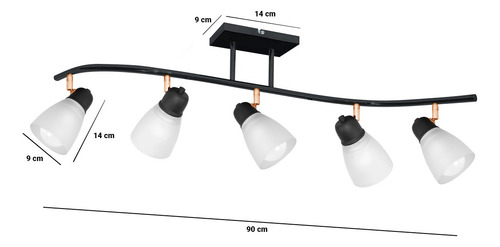 Aplique Spot 5 Luces Led Tulipa Vidrio Riel Curvo Techo E27 Estructura Negro/Cobre