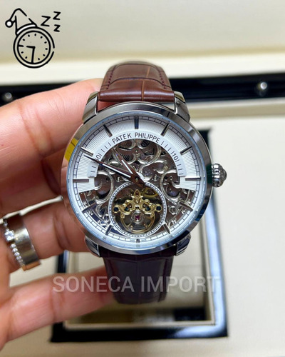 Relógio Patek Prateado Automático Pulseira Couro Marrom Marrom Prateado Branco (Recondicionado)
