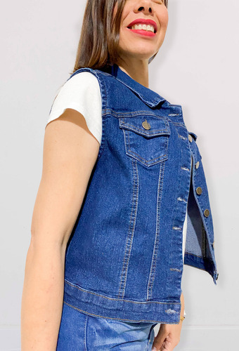 Chaleco Mezclilla Stretch Mujer Dama Básico Con Bolsas.