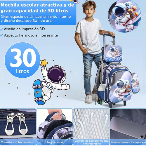 Kit De Mochila Escolar 3d Moda Para Niña Y Niño Con 6 Ruedas, Mochilas Impermeable Con Bolsa De Almuerzo Y Bolsa De Papelería, Mochilas Trolley