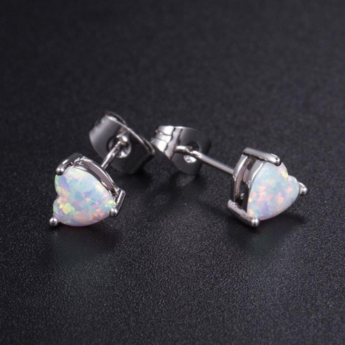 Par De Aros De Plata 925 Ópalo En Forma Corazón Importados