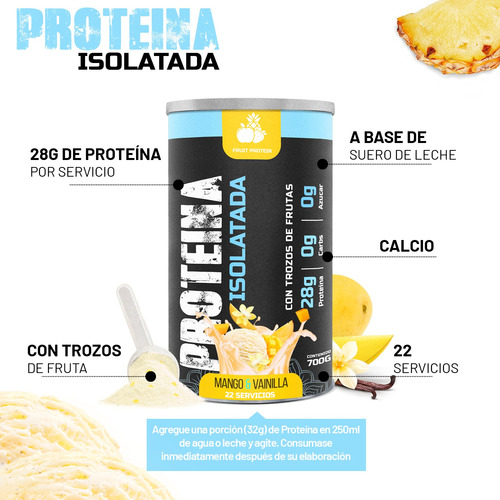 Fruit Protein Proteína Isolate 700g 22 Servicios En Polvo Vainilla Y Mango