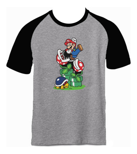 Camiseta Mario Bros Flor Ranglan Gris Hombre Manga Corta