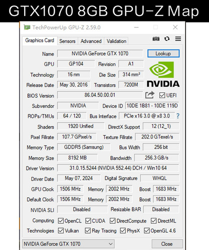Tarjeta Gráfica Nvidia 51risc Gtx1070 8g Gddr5 256bit Pci-e3